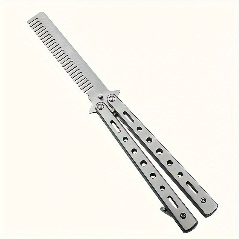 Fine toothed stainless steel Butterfly Blade Comb with metal handle for regular hairstyle and finger dexterity practice. Foldable, portable, and durable, suitable for outdoor camping.