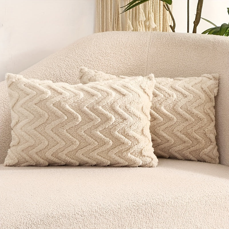 Pair of plush throw pillow covers in contemporary geometric pattern, hand wash only, 100% polyester zipper closure, beige wavy design for living room décor.