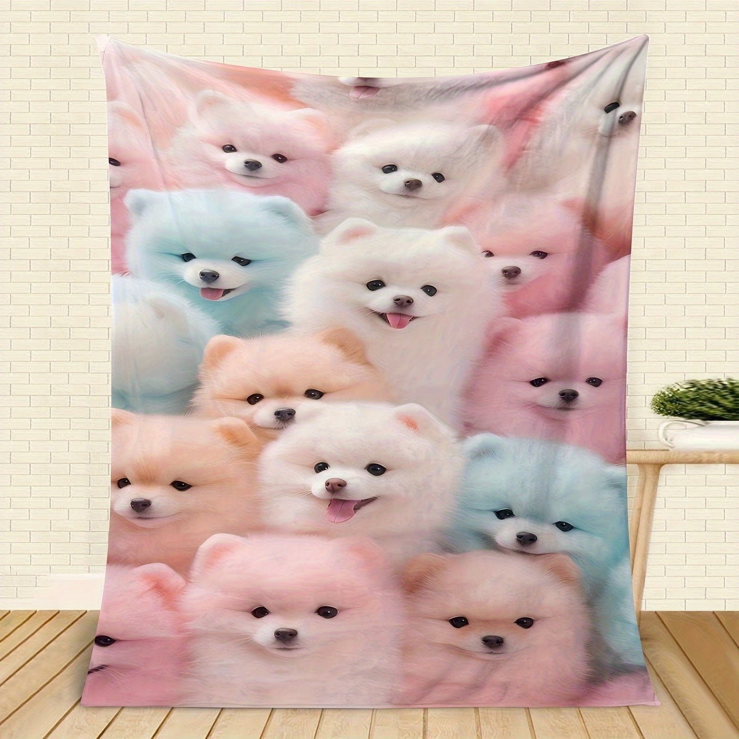 All-Season Flannel Throw Blanket featuring a Cute Pomeranian Dog Pattern - Soft, Warm, and Versatile for Sofa, Chair, Car, Office, Bedroom, Home, Travel, and Camping - High-Definition Digital Print, Contemporary Style - Polyester Material, Machine