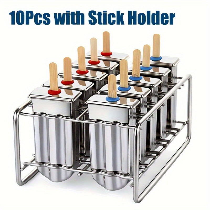 6 or 10 piece set of 304 stainless steel popsicle molds with cover, stainless steel popsicle stand base, and ice cream sticks for DIY golden popsicle molds and creative fruit popsicle molds. Essential kitchen tools for making delicious treats.