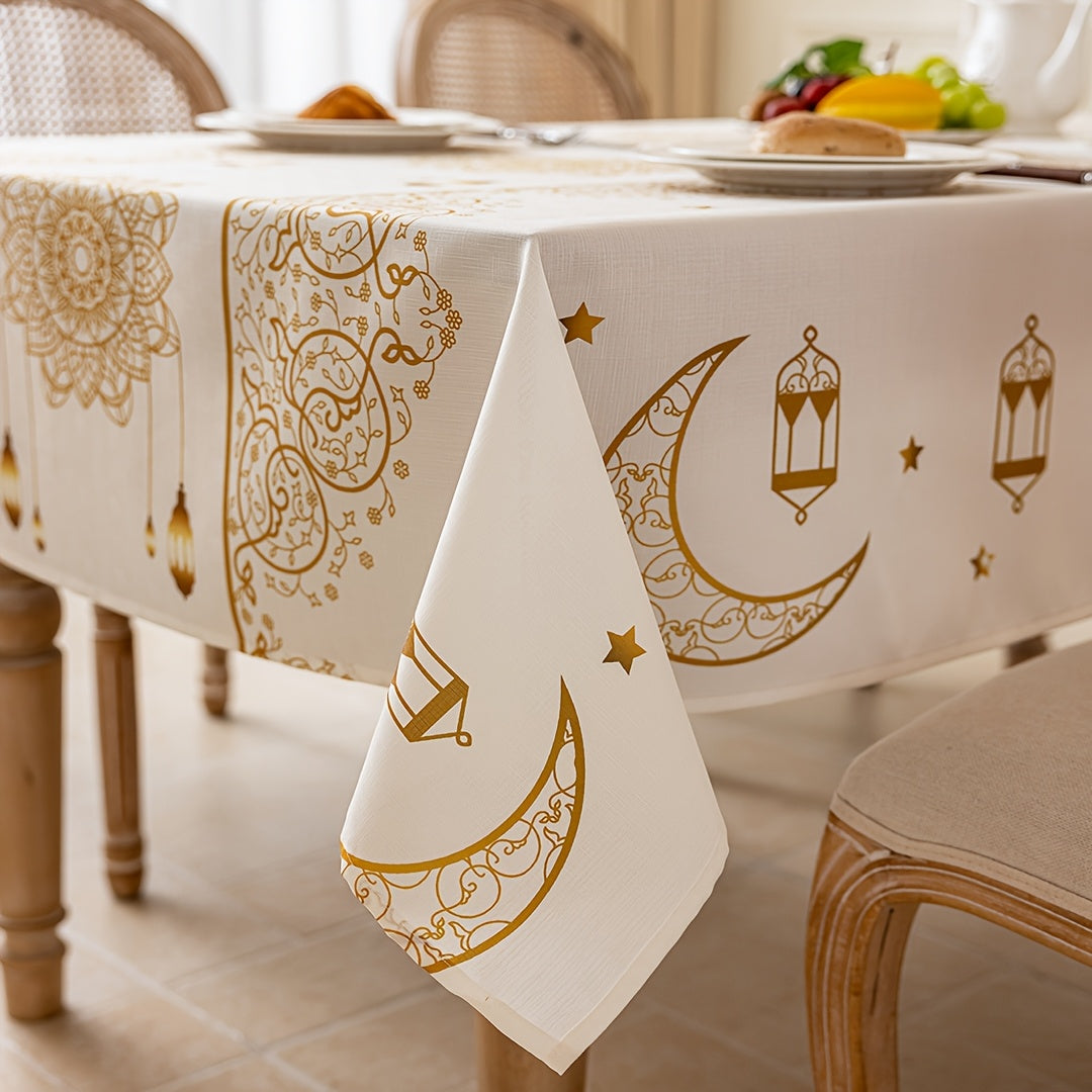 Bohemian Geometric Pattern Ramadan Eid Al-Fitr Tablecloth with Golden Moon and Star Design, made of 100% polyester, suitable for Iftar, parties, festivals, and gifting.