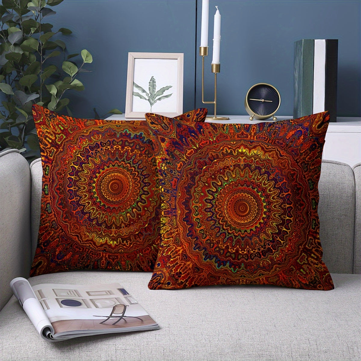 Red Fantasy Golden Mandala Bohemian Style Pillow Cover, 2pcs, Short Plush Fabric, Double-sided Printing, 45.72cm x 18in, Modern Art Style, Home Decoration (Pillow core not included)