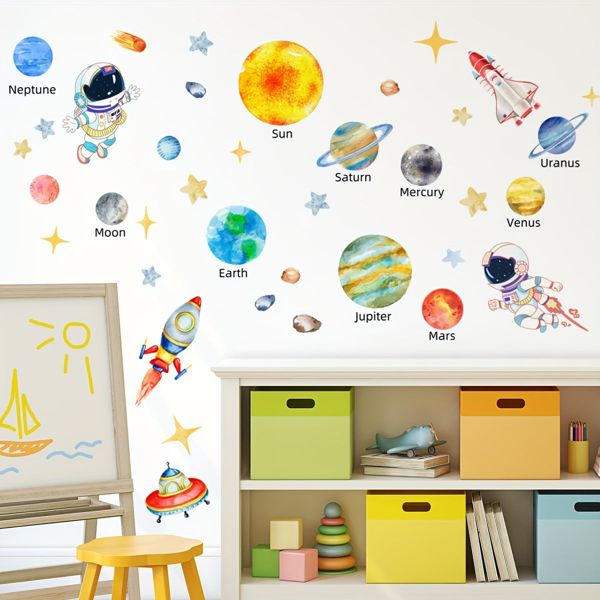 Solar System wall stickers measuring 160.02x80.01cm, featuring astronauts, stars, UFOs, planets, and spaceships. Ideal for room, bedroom, living room, playroom, or classroom decorations.