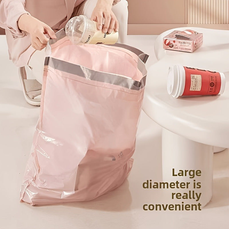 4 or 8 packs of Extra Thick Pink Drawstring Trash Bags, with a total of 400 or 800 bags. Made from puncture-resistant plastic, these garbage bags are suitable for use in the kitchen, bedroom, living room, and bathroom. Versatile and disposable, these