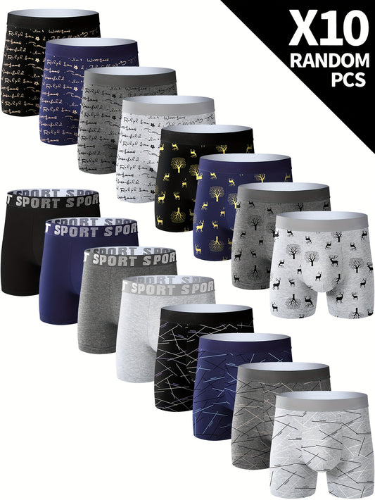 Set of 10 high-quality men's boxer briefs with geometric letter deer print, stretchy, comfy, quick-drying, and breathable.