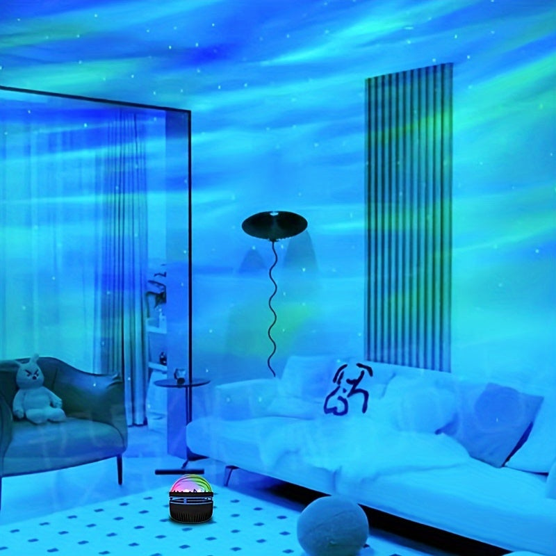 USB-powered water ripple projection lamp for bedroom and living room decor, perfect gift for holidays and birthdays with a modern style and space theme.