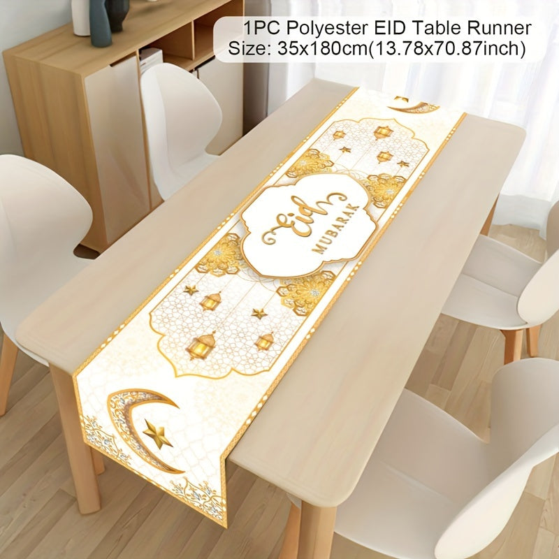 Polyester Ramadan table runner and flag featuring Eid Mubarak designs, perfect for home decorations and gifts during Ramadan and Eid Al-Fitr celebrations. Ideal for Islamic Muslim party