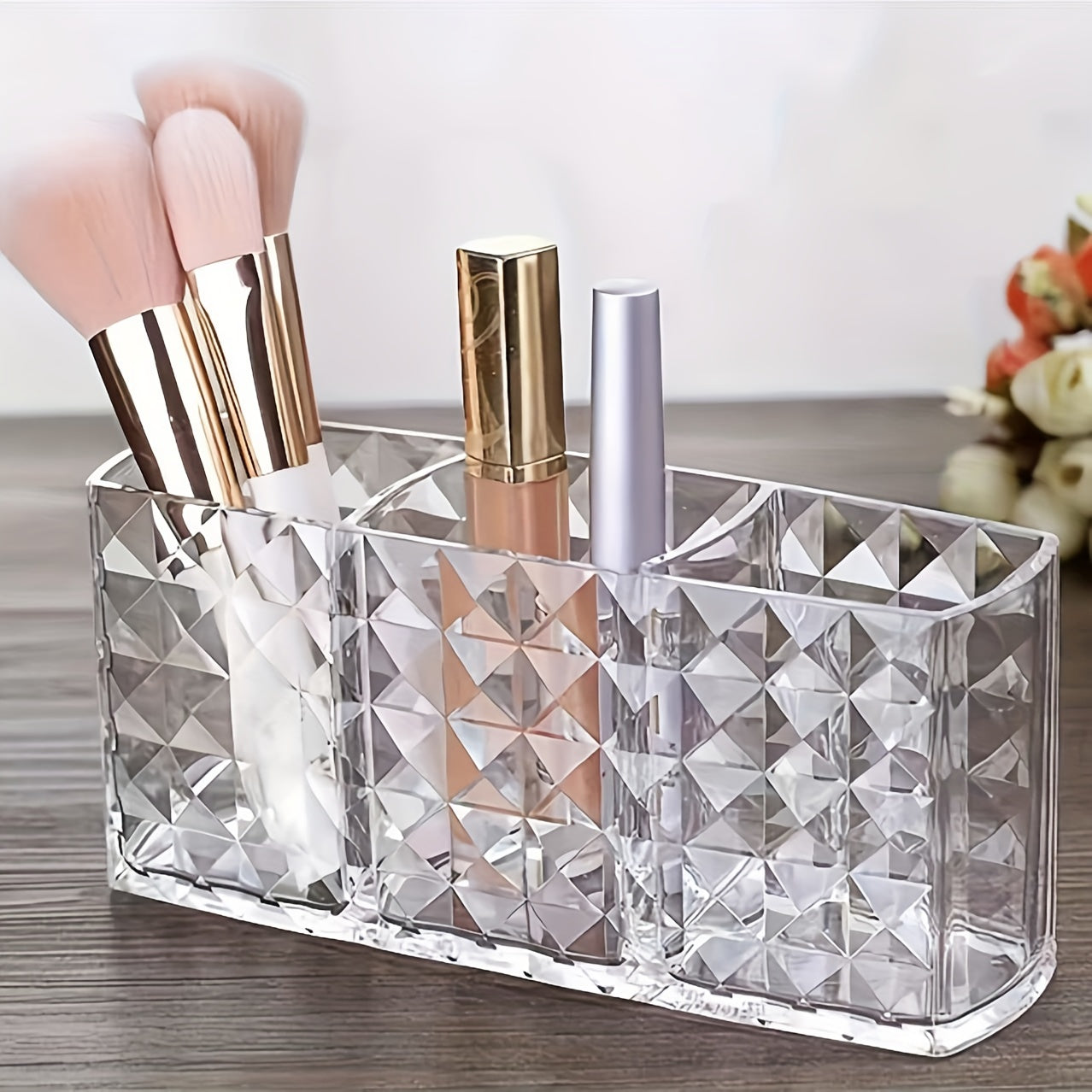 Elegant transparent makeup brush organizer with geometric design. Large capacity and multifunctional holder for brushes, lip gloss, liners, and more. Ideal for vanity, bathroom countertops, and cabinets.