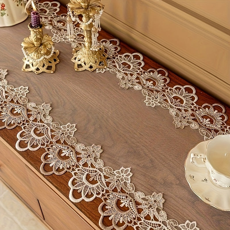 Polyester square table runner with floral lace edging, ideal for dining rooms, coffee tables, parties, and gatherings.