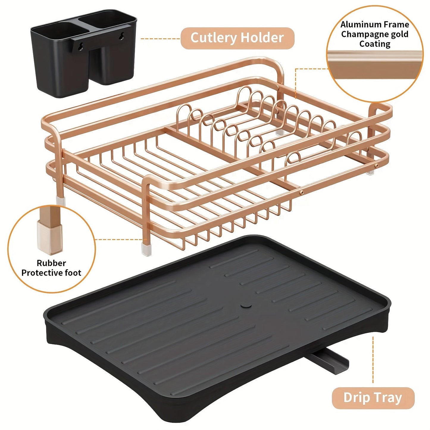 Durable Aluminum Dish Drying Rack with Cutlery Holder, Drip Tray, and Kitchen Storage Organizer - Ideal for Plates, Utensils, and Gadget Set for all Occasions - Non-Electric and Versatile Solution for Holiday Cooking