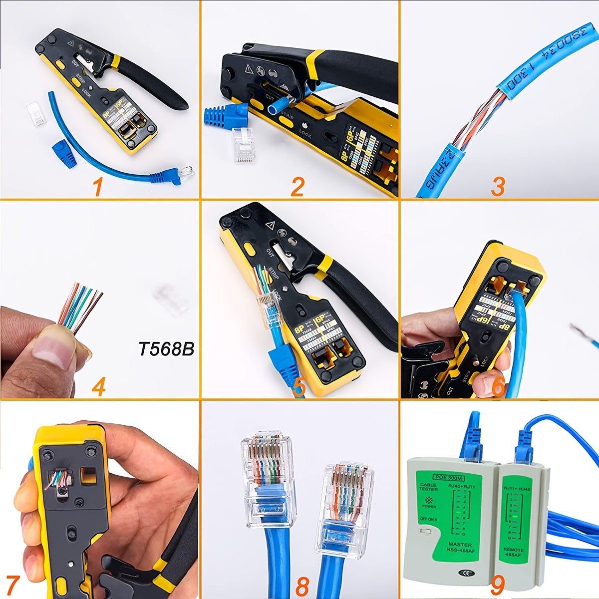 Ratcheting tool for modular data cables cutting and stripping RJ11/RJ12 and RJ45 connectors.