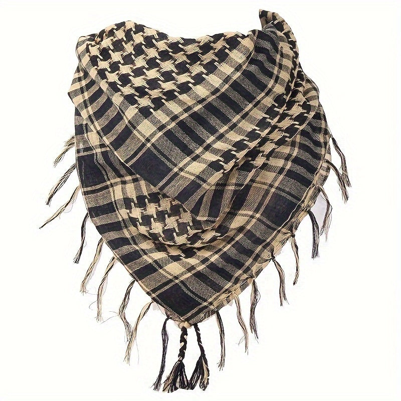 Lightweight Tactical Plaid Scarf - Windproof, Sand-Proof, All-Season Polyester Neck Warmer with Fringe Detail.