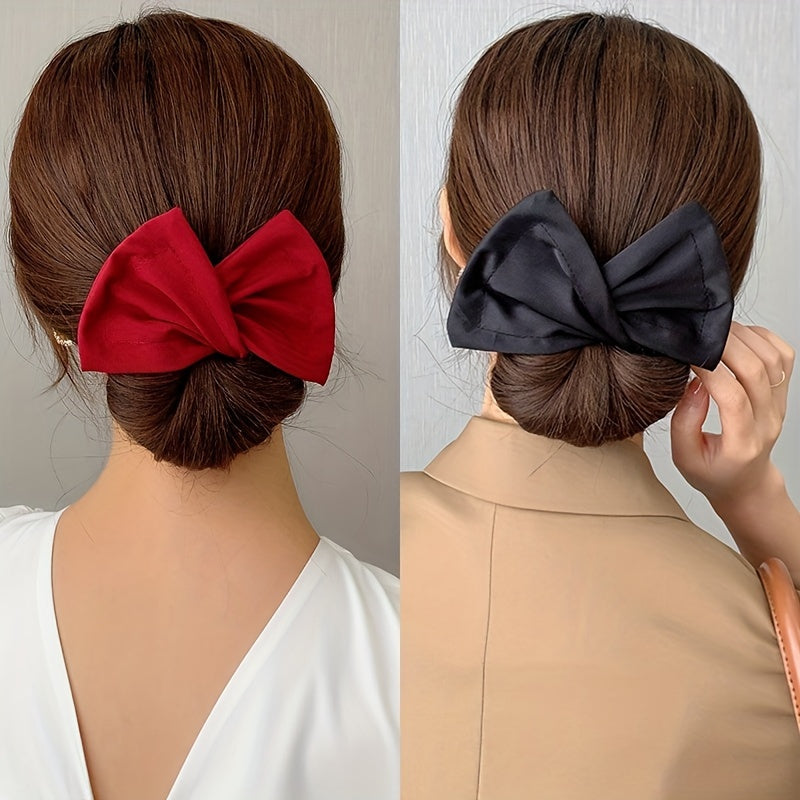 Bow shaped ponytail holder for creating lazy hair curls and buns, a fashionable women's hair accessory.