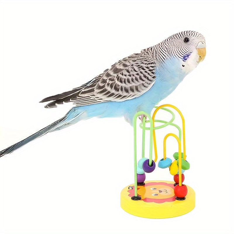 Colorful wooden parrot bead toy with music and interactive educational game for cognitive skills. Ideal for bird enthusiasts.