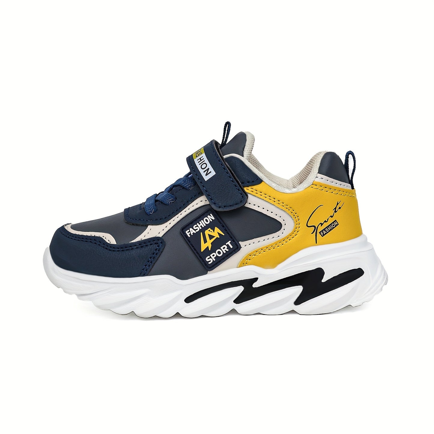 Boys' navy blue and turquoise sneakers with hook-and-loop closure, ideal for school, sports, and casual wear.