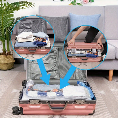 The set contains ten vacuum-seal bags, each measuring 40 by 60 centimeters (16 by 60.96 cm), and comes with a pink hand pump. These versatile storage bags have a zipper closure and a rectangular design, operating without the need for electricity.