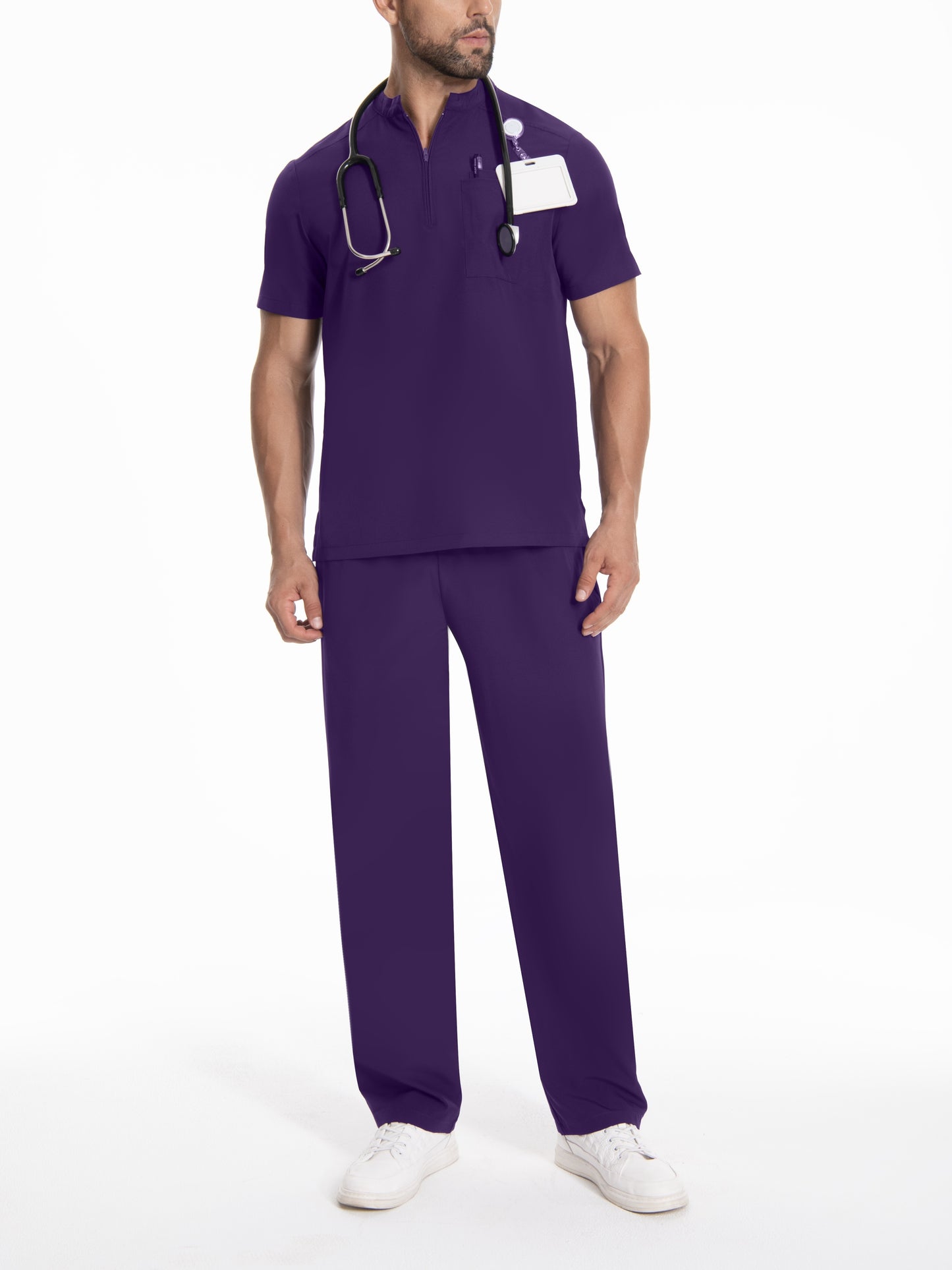 Polyester workwear uniform set for men with a conservative style. Features solid color, woven fabric, small stand collar, regular fit with pockets and belt loops.