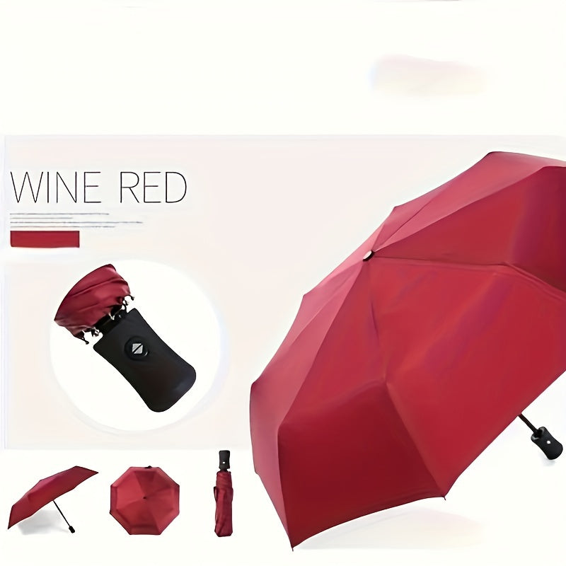 Essential for executives! Eight-bone automatic folding umbrella, windproof and rain-resistant. One-button operation for easy use in any weather. Available in navy blue, black, red, and dark