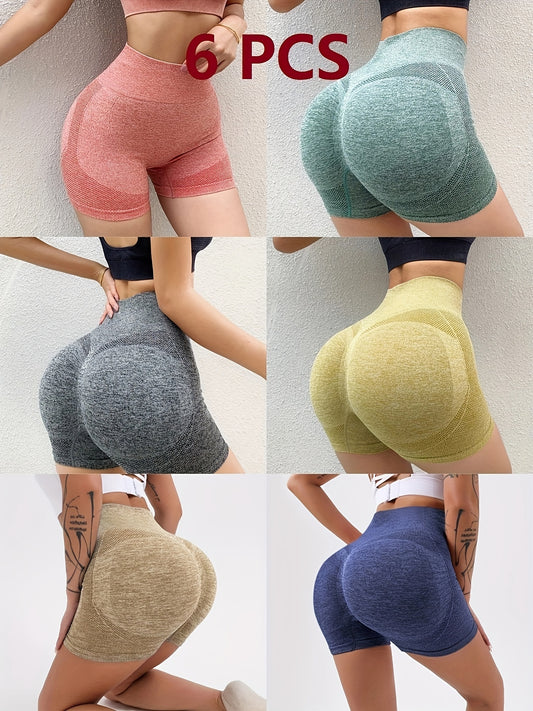 High-waisted tummy control yoga shorts for women, peach lift butt enhancing workout shorts, made of polyester fabric with high support, solid color, and no padding.