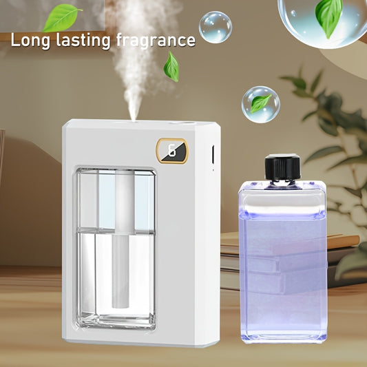 Multi-function smart aromatherapy diffuser with spray function, dual desk and wall mount, long-lasting scent, humidifier and deodorizer, USB rechargeable with nightlight and button control.