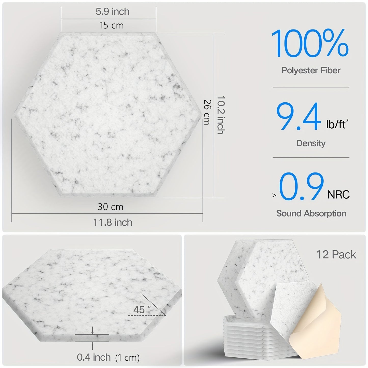 12-pack of hexagonal soundproof foam panels with self-adhesive backing, flame retardant properties, and dimensions of 30.48cm x 25.4cm x 1.02cm. Ideal for noise reduction and echo