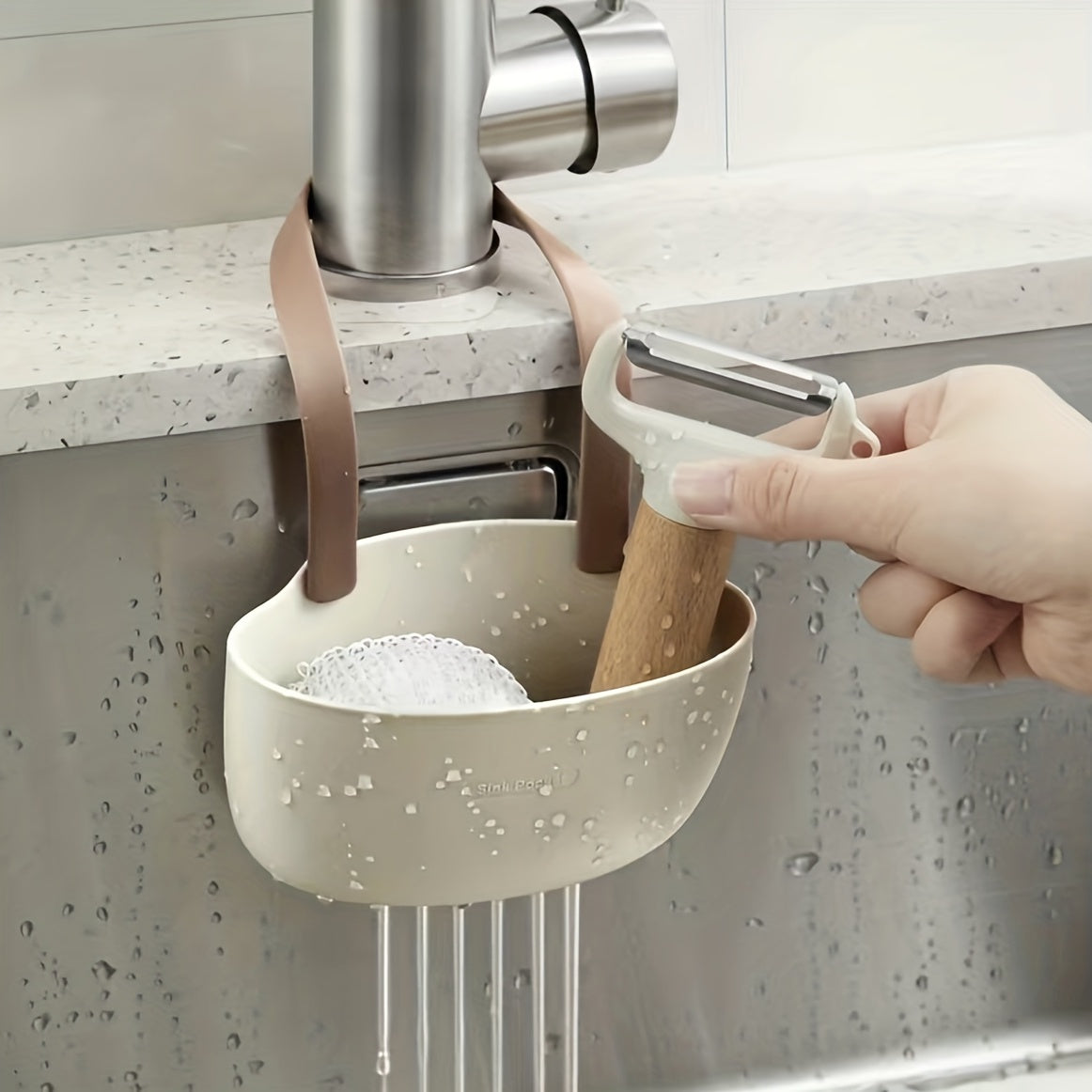 Sink storage supplies including a draining rack, hanging basket, and double draining hanging bag for organizing your home sink. Also includes a drying rack, soap sponge holder, washcloth organizer, and bathroom soap shelf. Perfect for keeping your