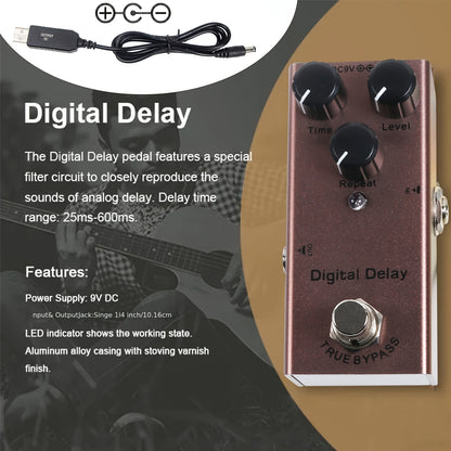 Mini electric guitar pedal with classic overload metal distortion, analog and digital delay effects. Operates on DC 9V power. Eid Al-Adha Mubarak.