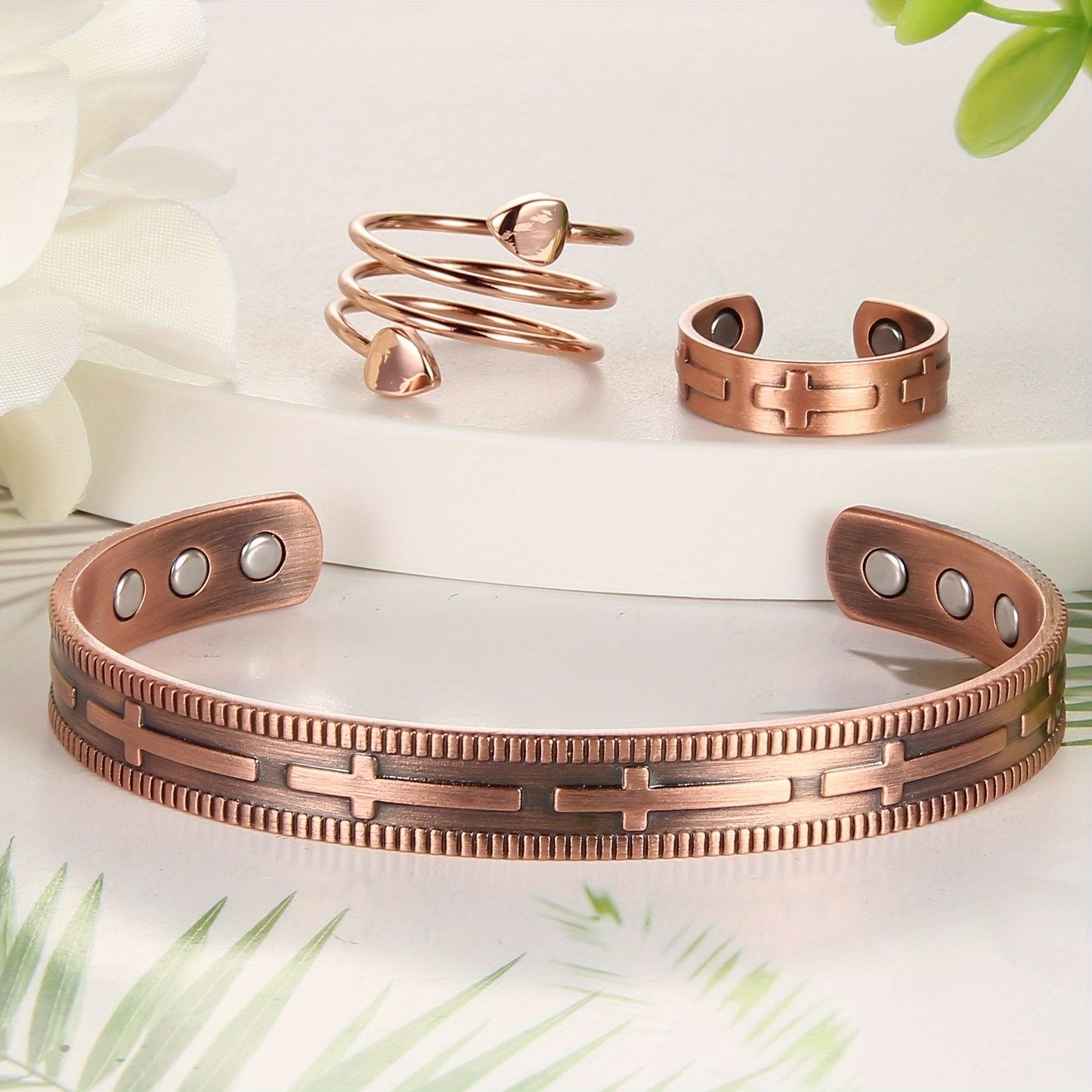 Copper Bracelet and Ring Set for Men and Women - Includes 3 Pieces of Copper Magnetic Cross Bracelets and Rings with 3500 Gauss Magnets. This Adjustable Copper Jewelry makes a Perfect Gift for Birthdays or Valentine's Day.