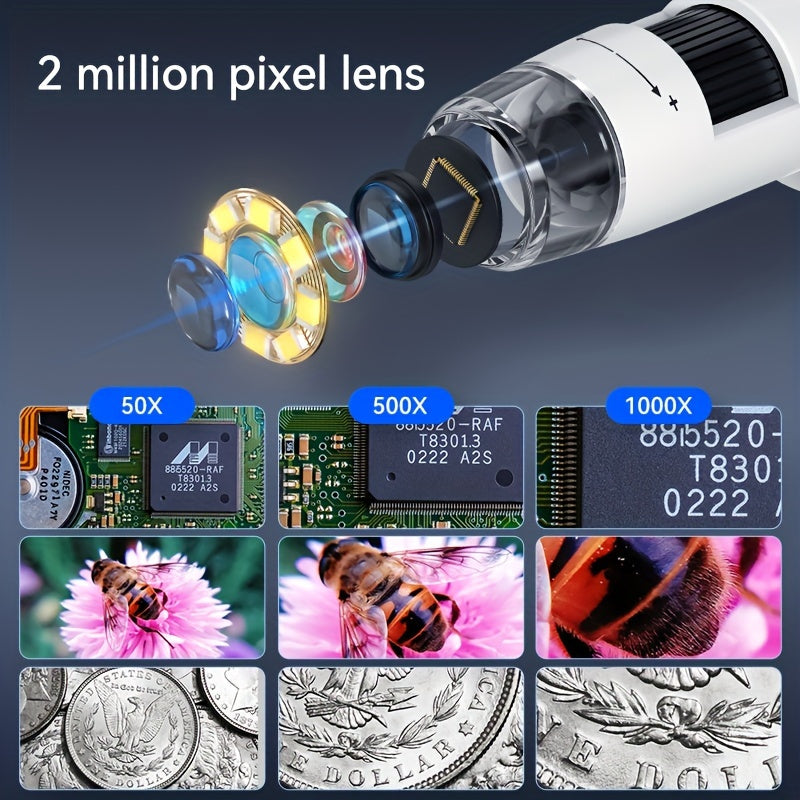 Explorer Micro: Portable digital microscope (11.94cm) with 8 LEDs, 1080p HD, 50-1000X zoom. USB/battery powered, great for PCB repair & jewelry inspection.