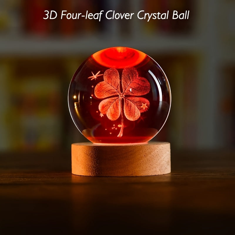 3D crystal ball night light with LED base, USB-powered wooden desk decor. Perfect gift for home, bedroom, birthdays, weddings, Mother's Day. Ideal for girlfriend, wife, mom, or couple. Modern and decorative night lamp.