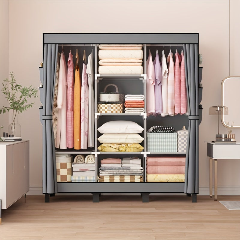 Introducing the OUMYJIA 1m3 Black Simple Fabric Wardrobe with Side Pockets! This versatile home storage organizer is a must-have for any living space. From hanging clothes to storing shoes, this multi-functional clothing rack is perfect for rent houses