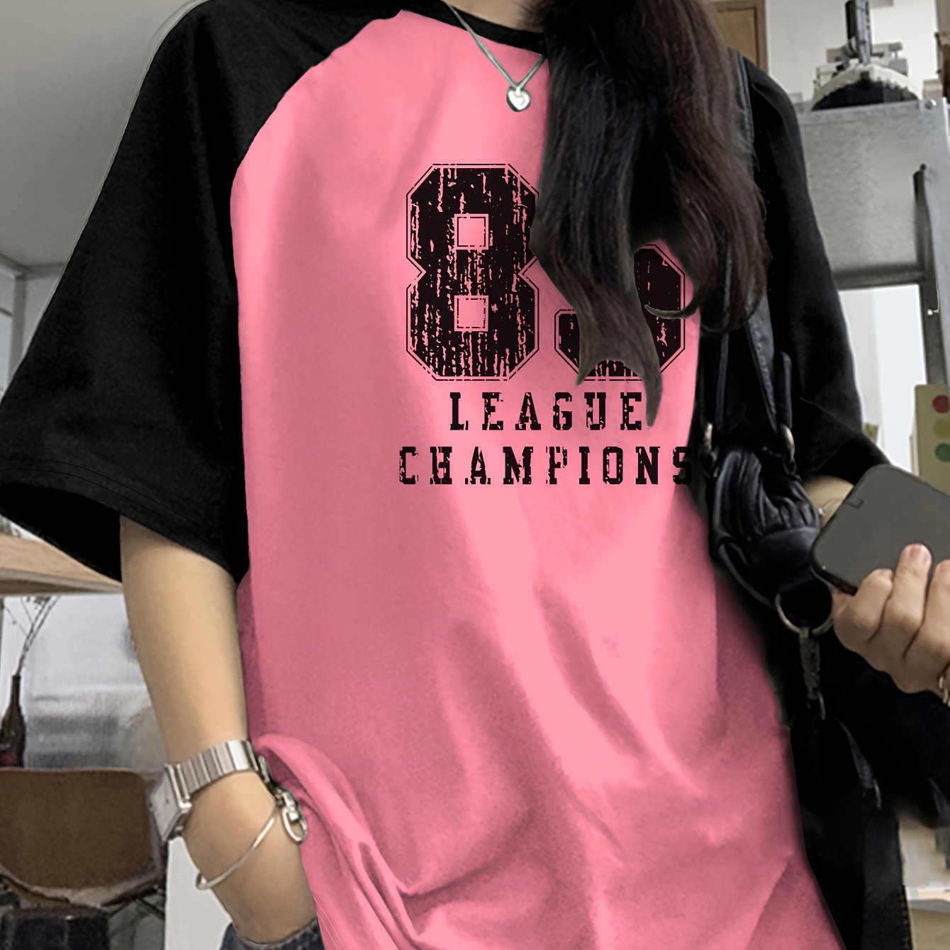 Women's casual crew neck t-shirt with letter print, short sleeve knit top, 95% polyester, 5% elastane, regular length, 180gsm, suitable for all seasons.