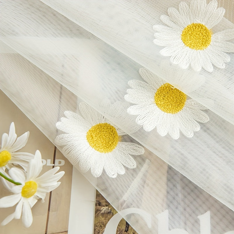 Yellow Daisy Pattern Tulle Curtain Sheer Panel with Embroidered Country Flowers Design, Grommet Top Window Treatment for Kitchen, Restaurant, or Home Decor