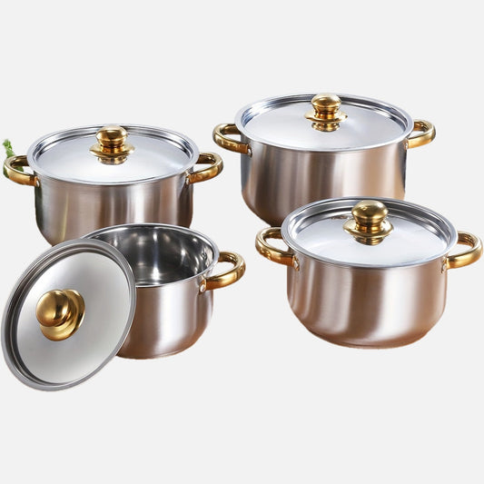 Set of 4 thickened soup pots made from 410 stainless steel with composite bottoms in sizes 18cm, 20cm, 22cm, and 24cm.