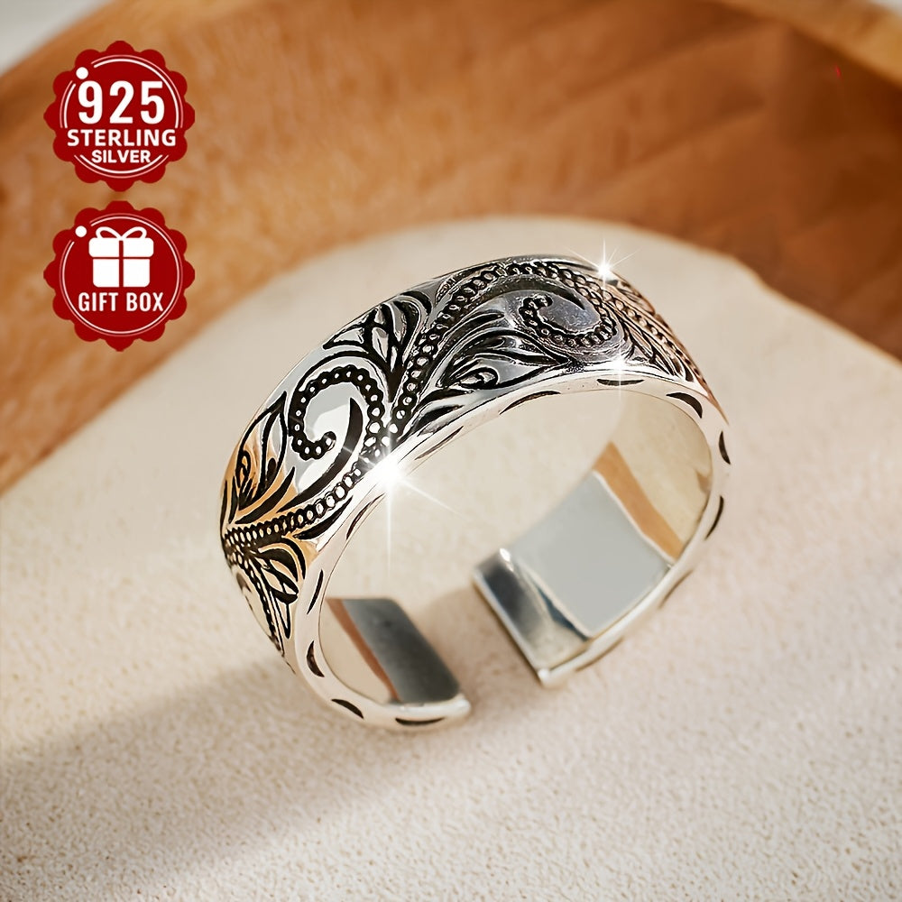 This elegant Bohemian-style 925 sterling silver ring features an adjustable fit and intricate paisley design. Ideal for both men and women, it is perfect for daily wear or special occasions. Weighing 5.5g, this ring is adorned with a leaf flower motif