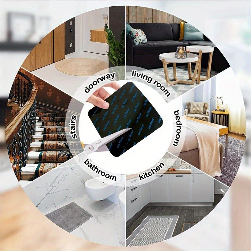 Double-sided anti-slip carpet sticker with washable faux leather adhesive tape, suitable for hardwood floors. Non-marking mat gripper for entryway, porch, or auto use. Made of paper material.