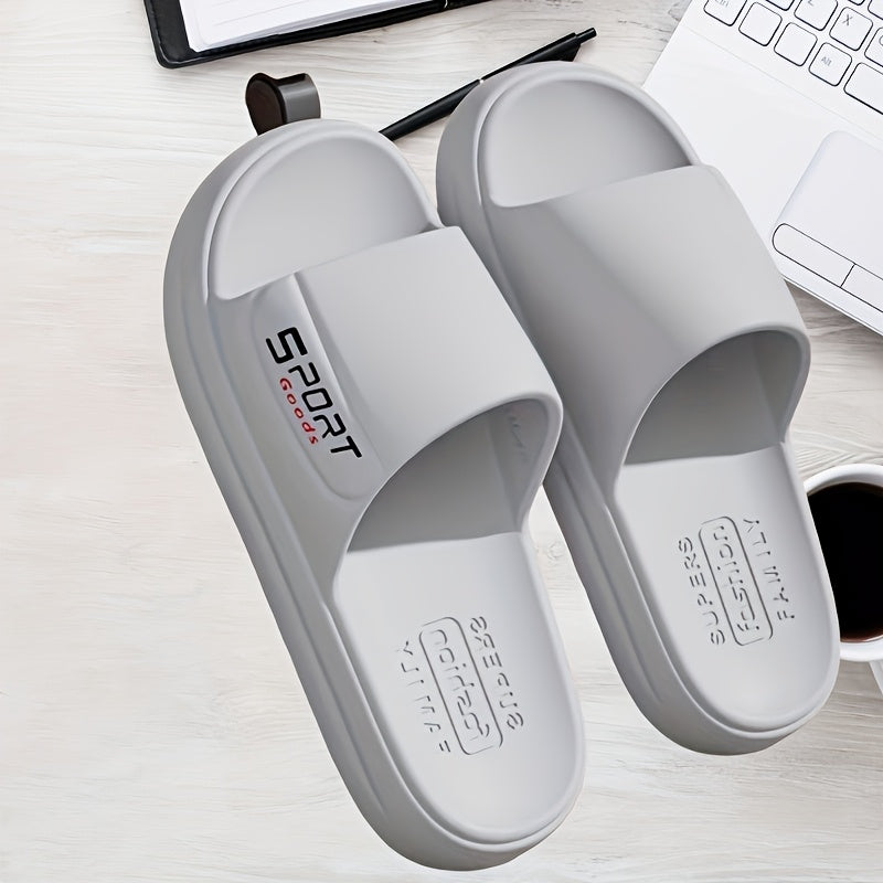 Sporty EVA slides with "SPORT" print, non-slip thick sole for men and women, perfect for home, leisure, beach, and outdoor wear.