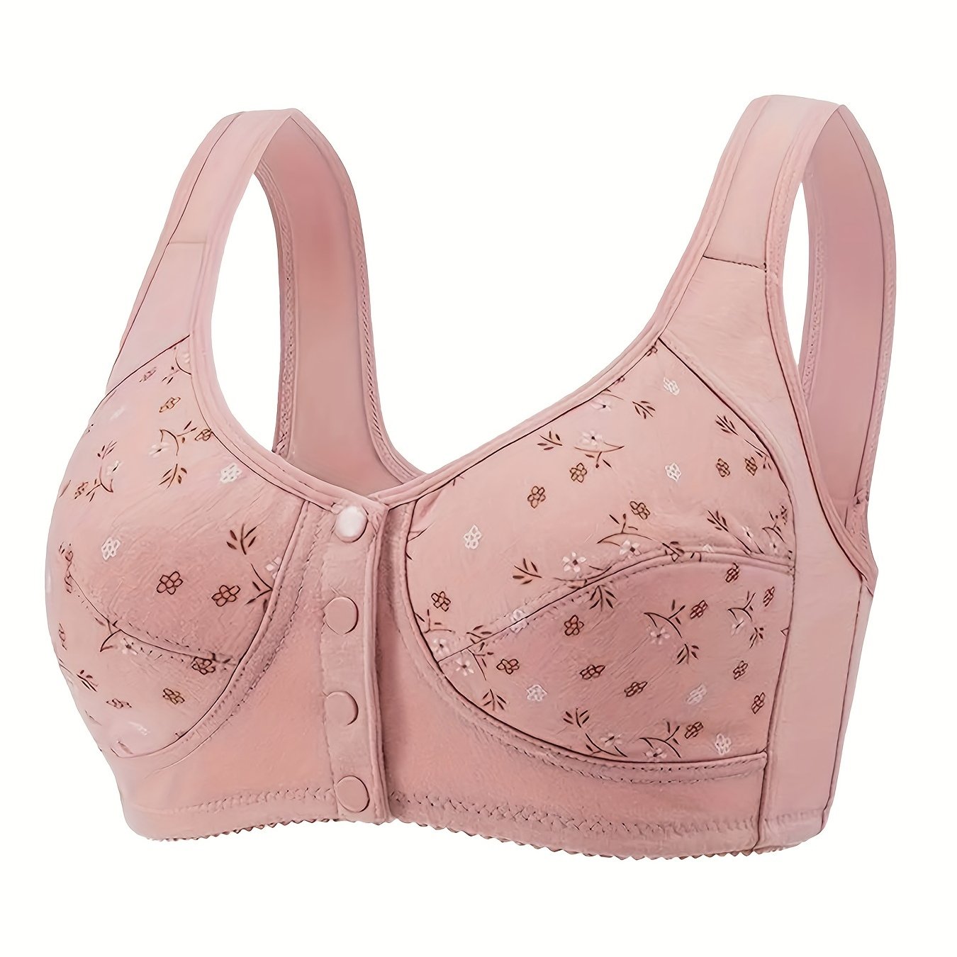 Floral Printed Button-Front Wireless Bra, Comfortable and Breathable Women's Lingerie