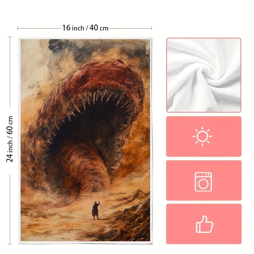 Set of 2 Ultra Soft Kitchen Towels featuring Shai Hulud The Sandworm Design. These highly absorbent and machine washable dish hand towels measure 40.64x60.96 cm. Perfect for holiday decor and everyday use.