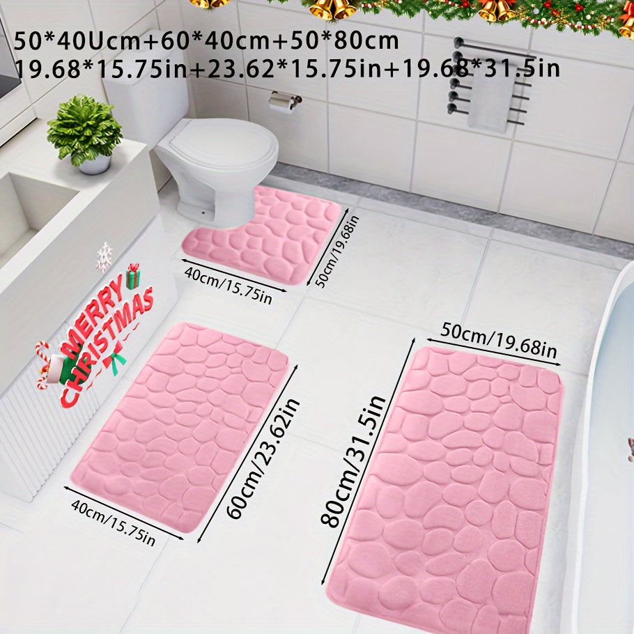 3-piece Christmas bath mat set, with ultra-absorbent, non-slip bathroom rug made of soft, comfortable, premium polyester knit weave for tub, shower, and home decor.