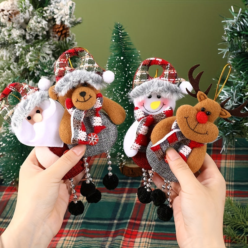 Set of 4 festive Christmas hanging pendants featuring Santa, snowman, reindeer, and bear decorations for tree and home decor. Perfect for holiday party and room decorations.