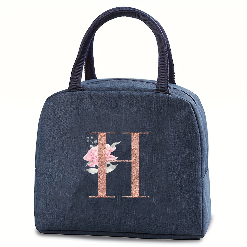 Insulated lunch bag with monogram, featuring a rose gold design. Made of waterproof, leakproof, BPA-free polyester material. Includes a square thermal food storage compartment with an ice compartment. Easily washable by hand. Perfect for school, office