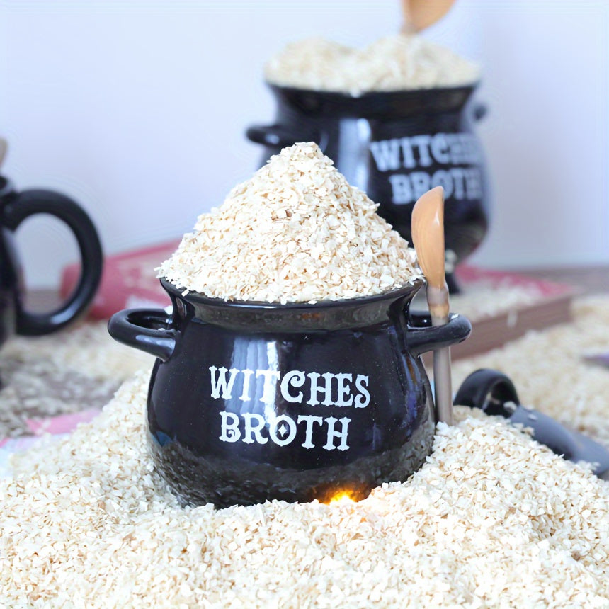 Large Halloween-themed soup pot made of ceramic with a lid, perfect for storing candy and cookies. This magic witch's potion cup is a great addition to your kitchen and dining decor. It is food-safe and can be used for serving deliciously spooky treats.