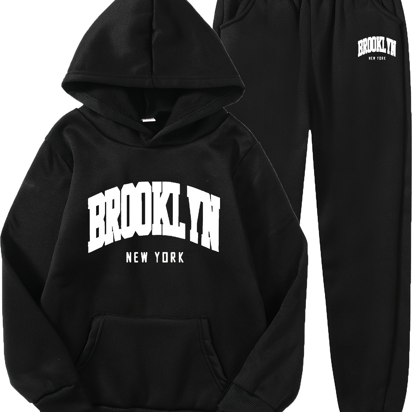 2-piece Brooklyn New York Girls' Fashion Letter Print Hoodie & Sweatpants Set - Cozy Polyester, Long Sleeve, Fall/Winter Casual Sportswear with Pockets, Oversized Hoodie, Ideal for Outdoor