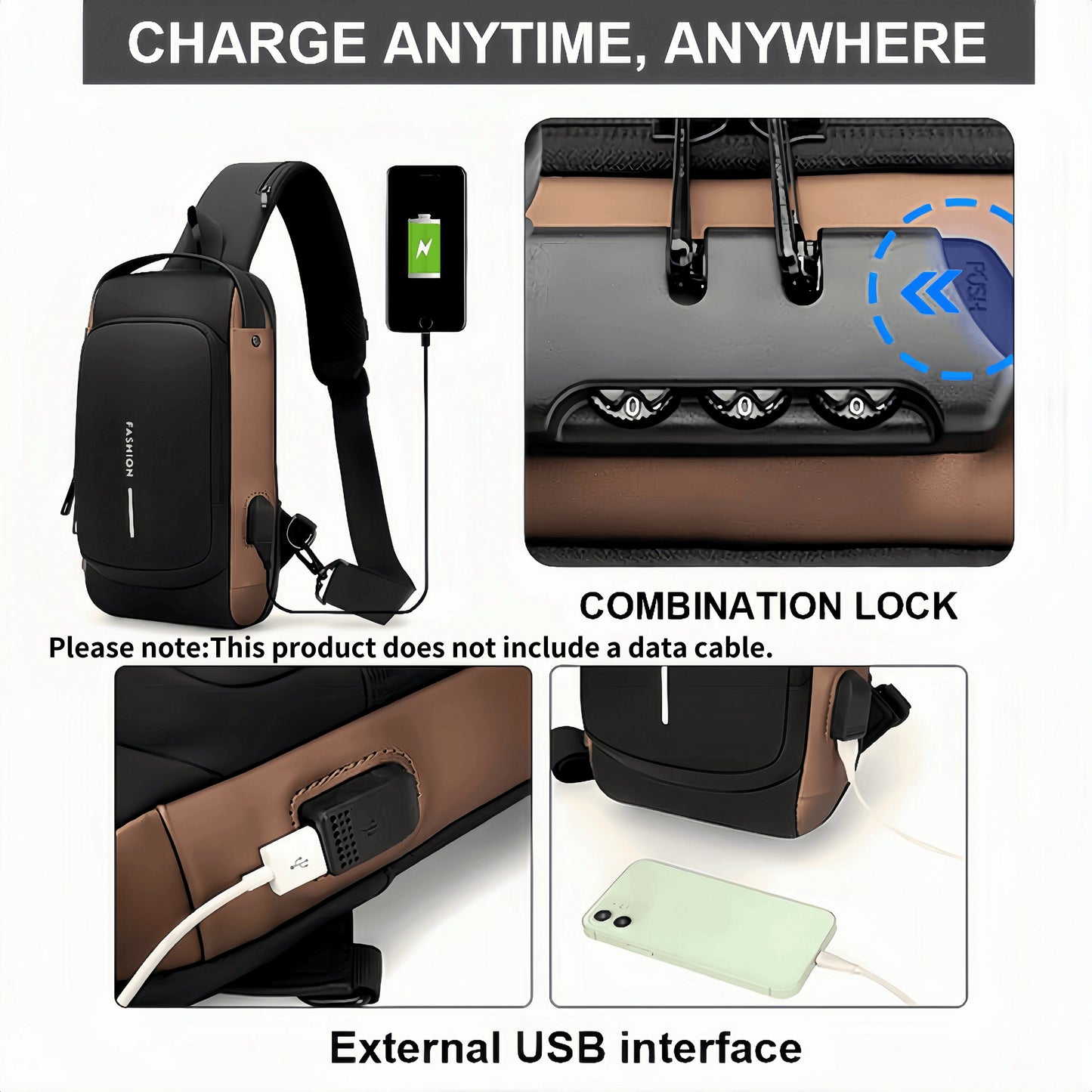 Sling Backpack with USB Port and Adjustable Strap for Hiking and Travel.