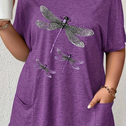 Stylish plus size women's t-shirt with dragonfly print, crew neck, short sleeves, pockets, stretchy polyester blend, machine washable.