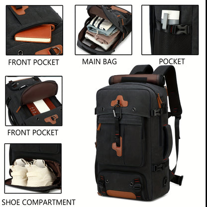 Sleek men's travel backpack with shoe compartment, fits 43.94cm laptop, suitable for casual hiking and business trips.