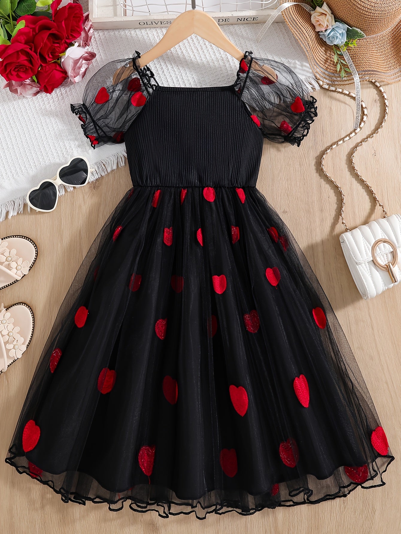 Festive Fun: Cute Girls' Black & Red Heart Mesh Dress - Casual, A-Line, Ideal for Parties & Outings, Summer Ready, Machine Washable