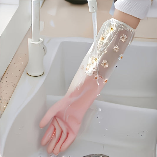 Waterproof Non-Slip Household Gloves with Floral Pattern, Long Sleeves, and Durable PVC Material - Perfect for Dishwashing, Laundry, and Cleaning in Kitchen, Bathroom, Living Room, and Bedroom. Made with Alcohol-Free Material. Includes 1 pair.