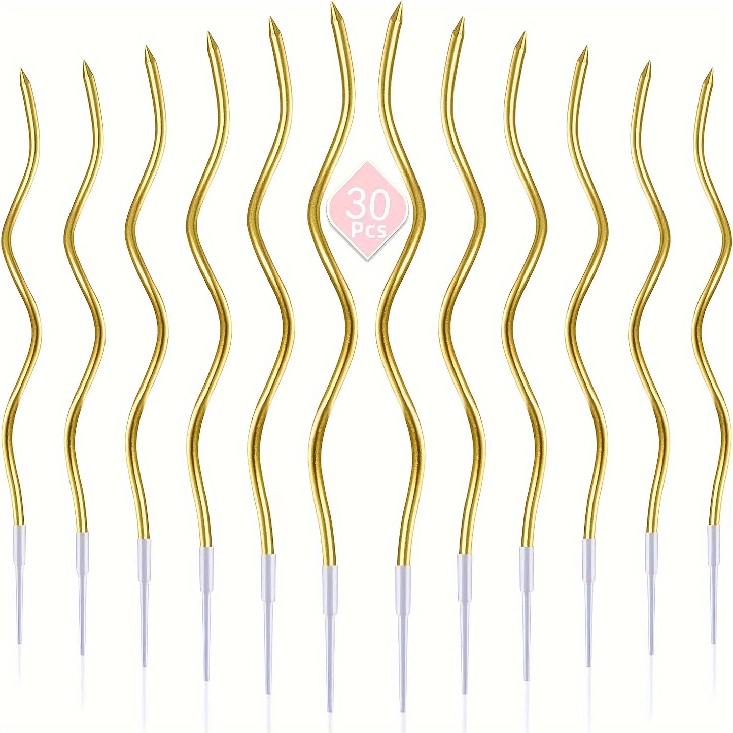 30 golden spiral cake candles with wire coil and stand for birthday, wedding, and party cakes.